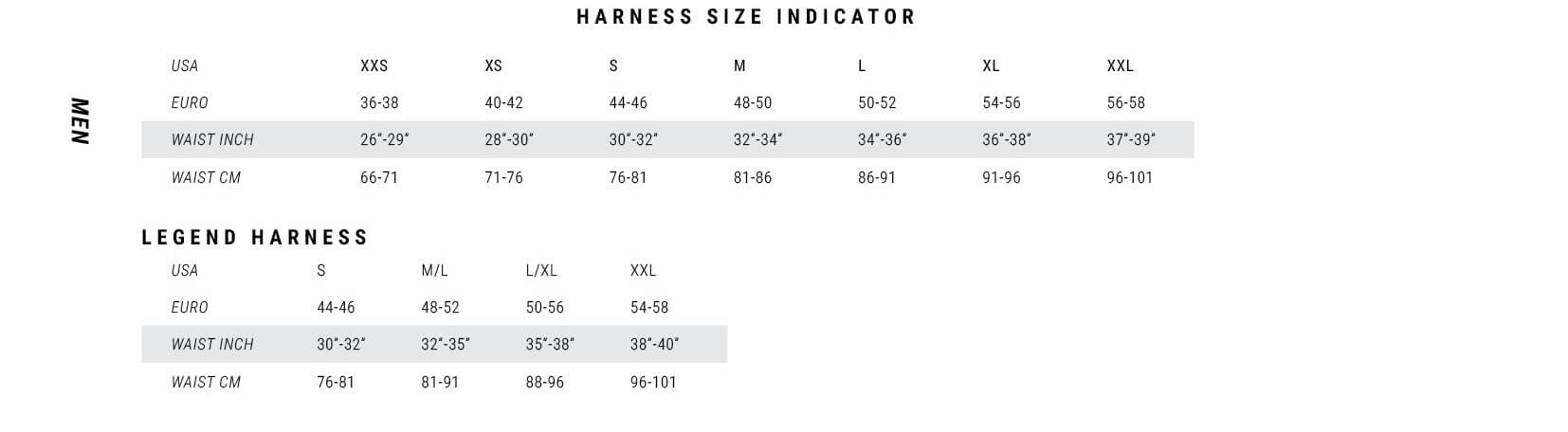 Naish Harness Size Chart